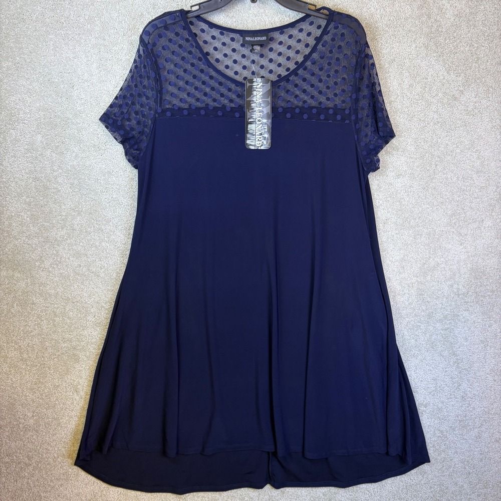 Nina Leonard Swing Dress Womens XL Navy Polka Dot Mesh Yoke Short Sleeve L8653A